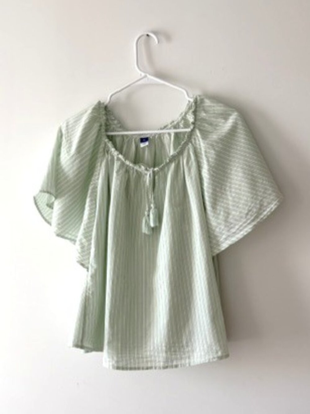 Old Navy Sage-Green Cotton Top with Flutter Sleeves and Tassel Ties